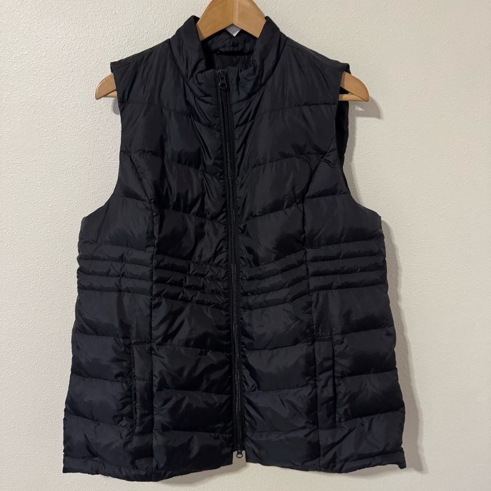 J Jill Down Luxe Quilted Down Zipper Vest Black Side Zip Gorpcore Outdoor-LP